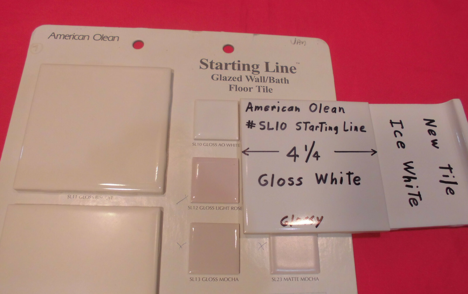 1 pc. Gloss White #SL10: Ceramic Tile by American Olean 1990’s “Starting Line”