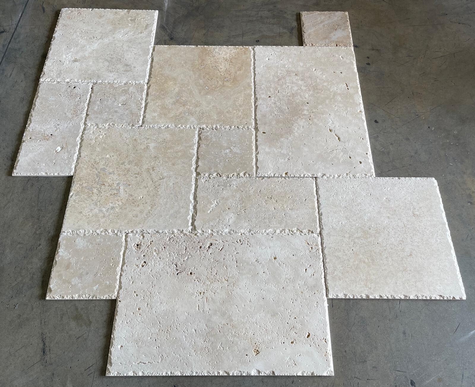 IVORY BLEND TRAVERTINE BRUSHED & CHISELED VERSAILLES FRENCH PATTERN TILES