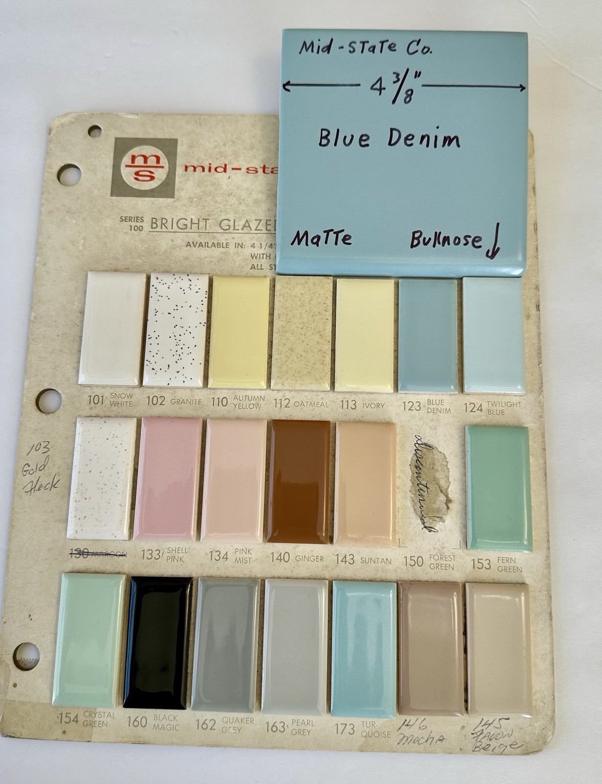 1 pc. Blue Denim: Bullnose Matte Ceramic Tile 4-3/8″ by Mid-State Co. NOS