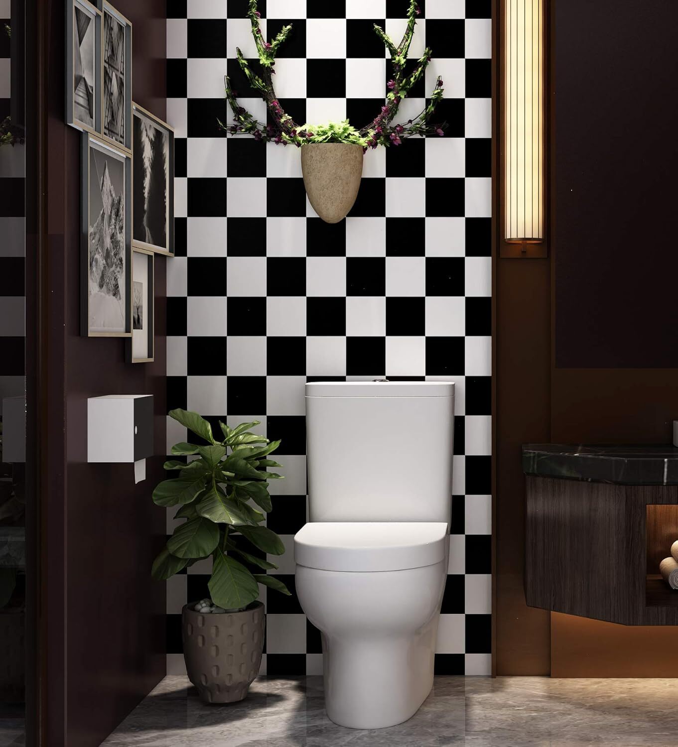 Checkered Black and White Vinyl Flooring Roll 15.8X78.8 in Peel And Stick New