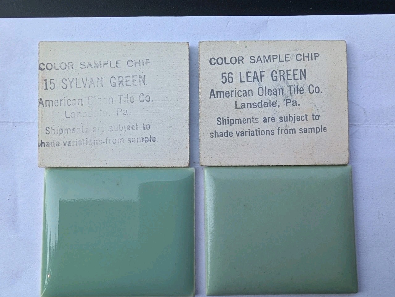 2 pieces 4-1/4″ Square Ceramic Tile #56 Leaf Green New American Olean Tile 1950s