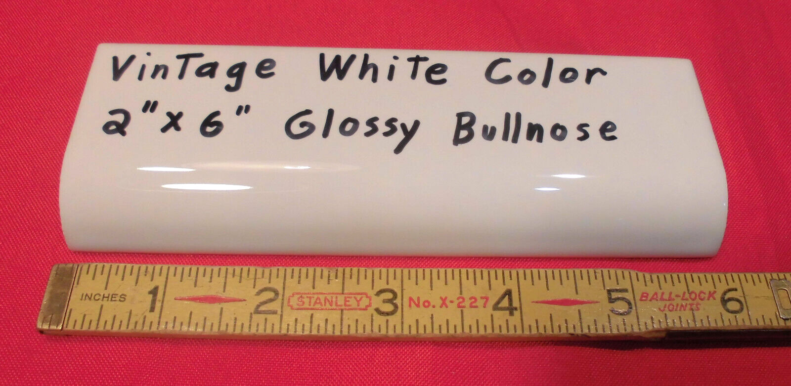 1 pc. *Vintage White* Glossy 2″ X 6″ Ceramic Radius Bullnose Tile; Mud Caps