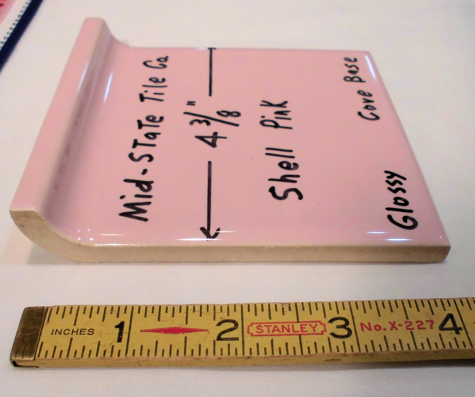 1 pc. Cove-Base Ceramic Tile *Shell Pink* 4-3/8″ Mid-State Co. Glossy; stack on