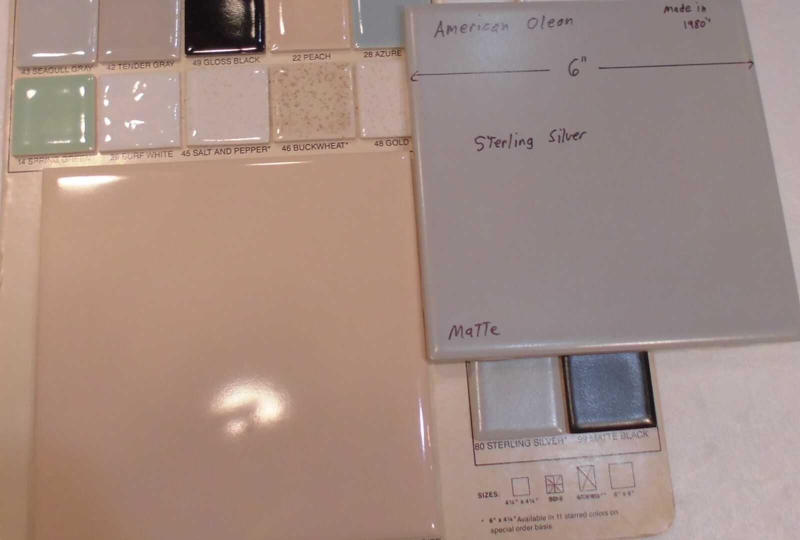1 pc. 6″ X 6″ Matte Ceramic Tiles *Sterling Silver Gray* American Olean, NEW