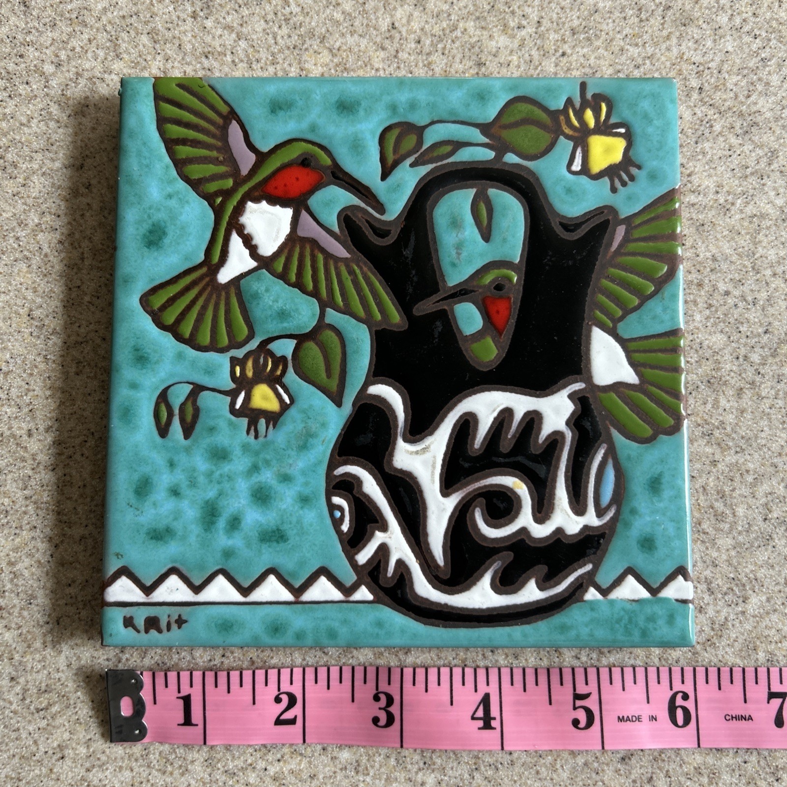 1995 Earthtones Hummingbird Ceramic Art Tile 6″x6″ Native American Wedding Vase