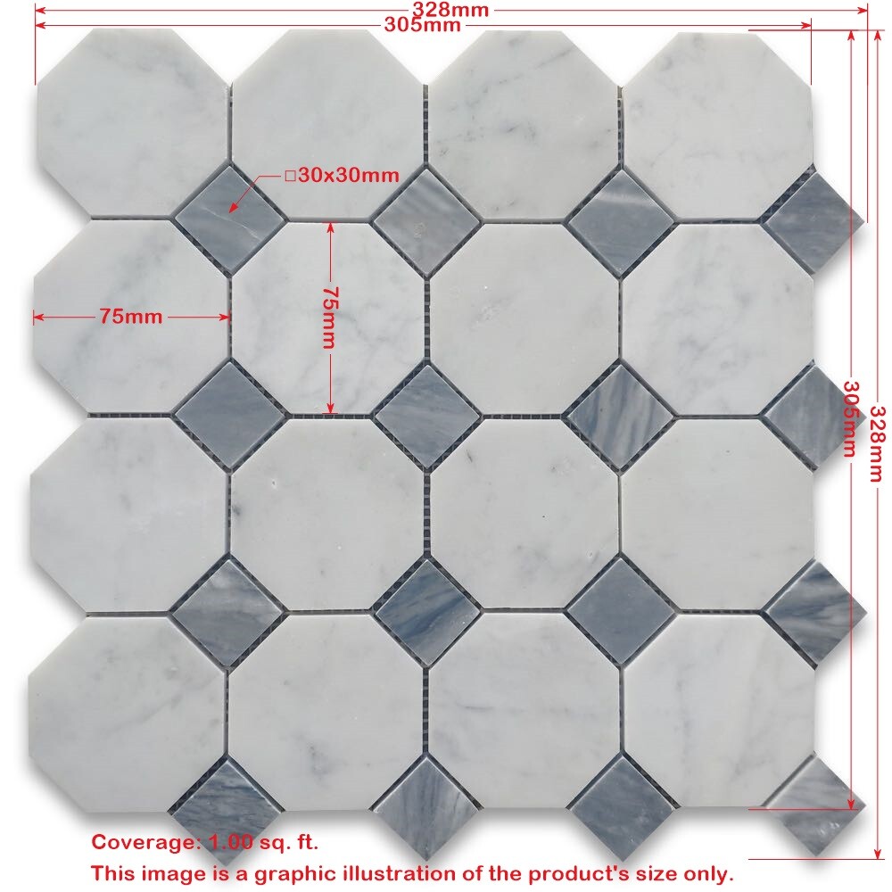 C810XH Carrara White Marble 3″ Octagon Mosaic Wall Floor Tile Matte Venato