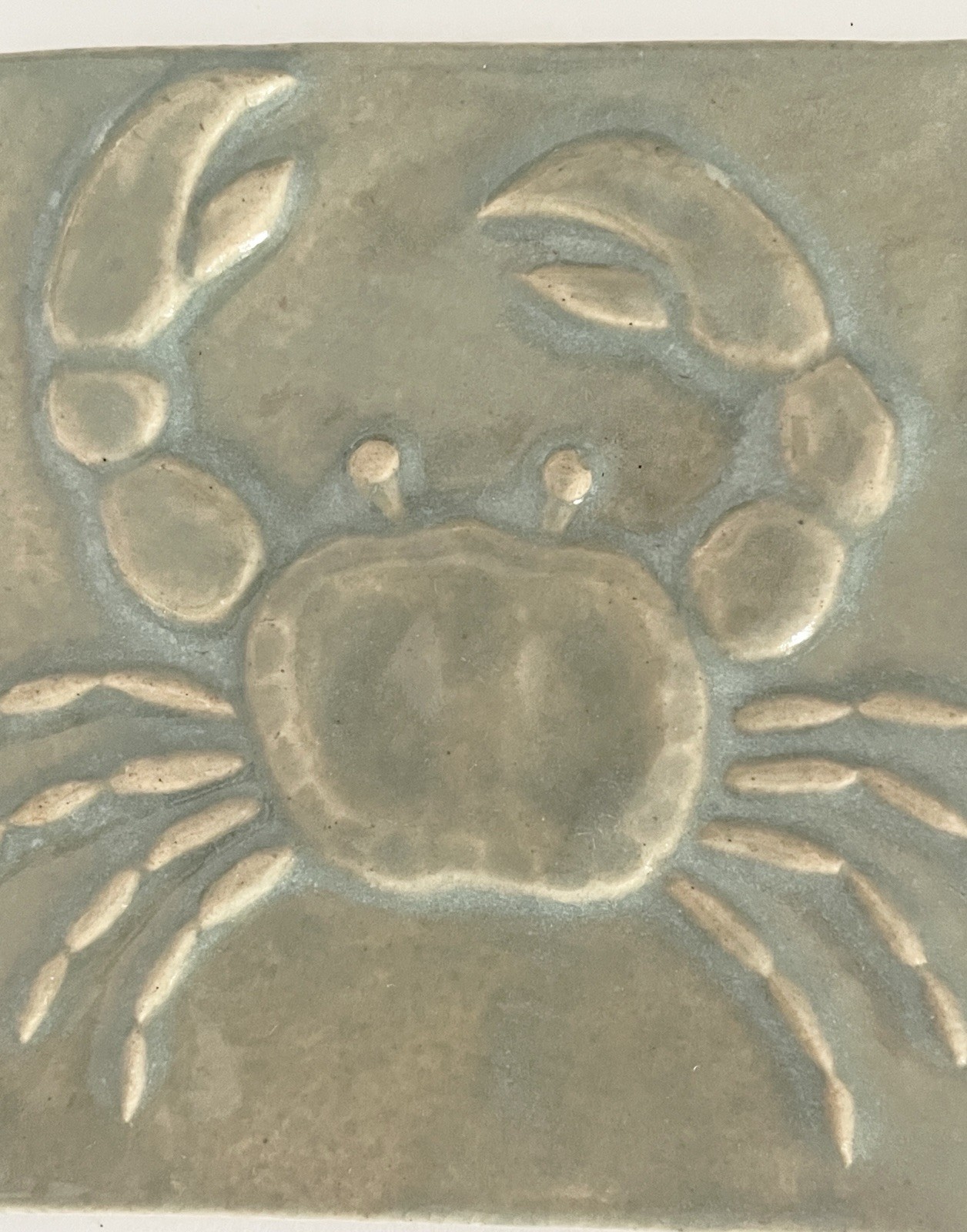 HANDMADE 4” X 4” EMU CELADON GLAZED CRAB CERAMIC TILE ~ KENT, OHIO