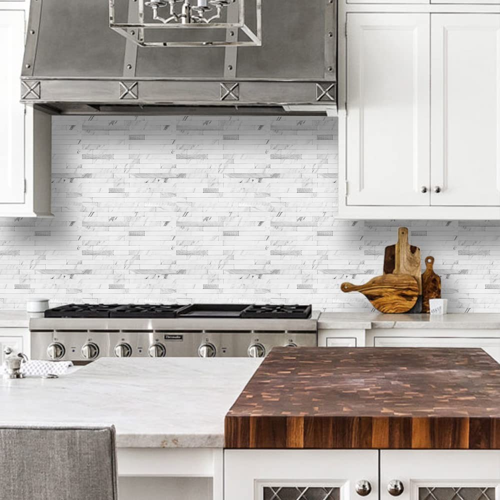 10-Sheet Peel and Stick Backsplash Tile, Faux White Marble Look PVC Mixed Met…