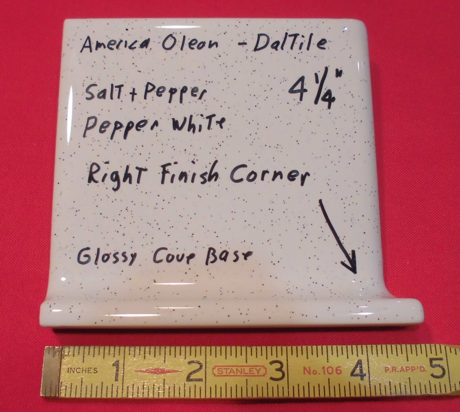 1 pc. Salt & Pepper: Right Finish Corner, Cove/Base Ceramic Tile 4-1/4″ New