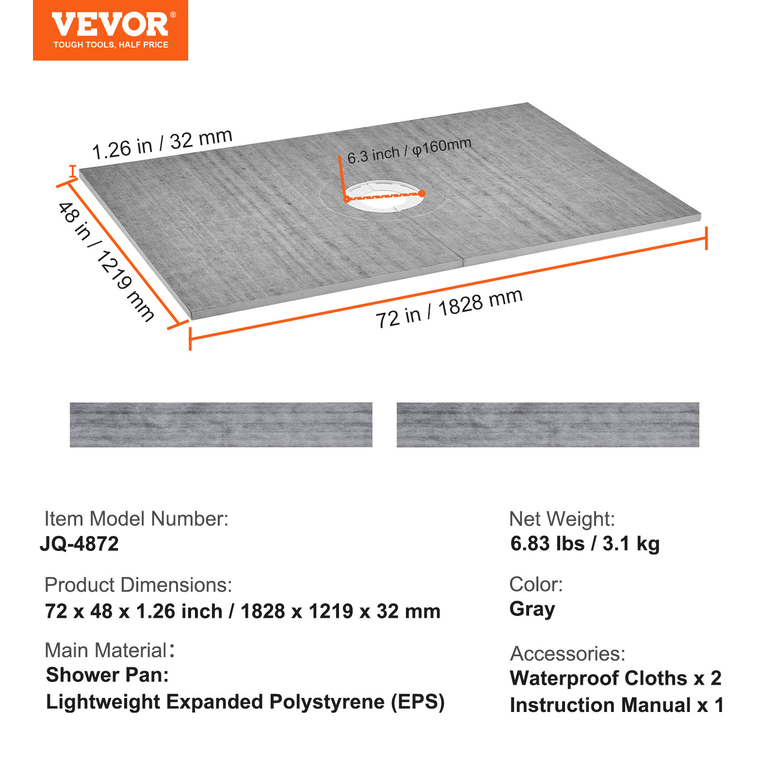 VEVOR Waterproofing Shower Curb Tray Kit 48″x72″ w/ Central Drain Thickened