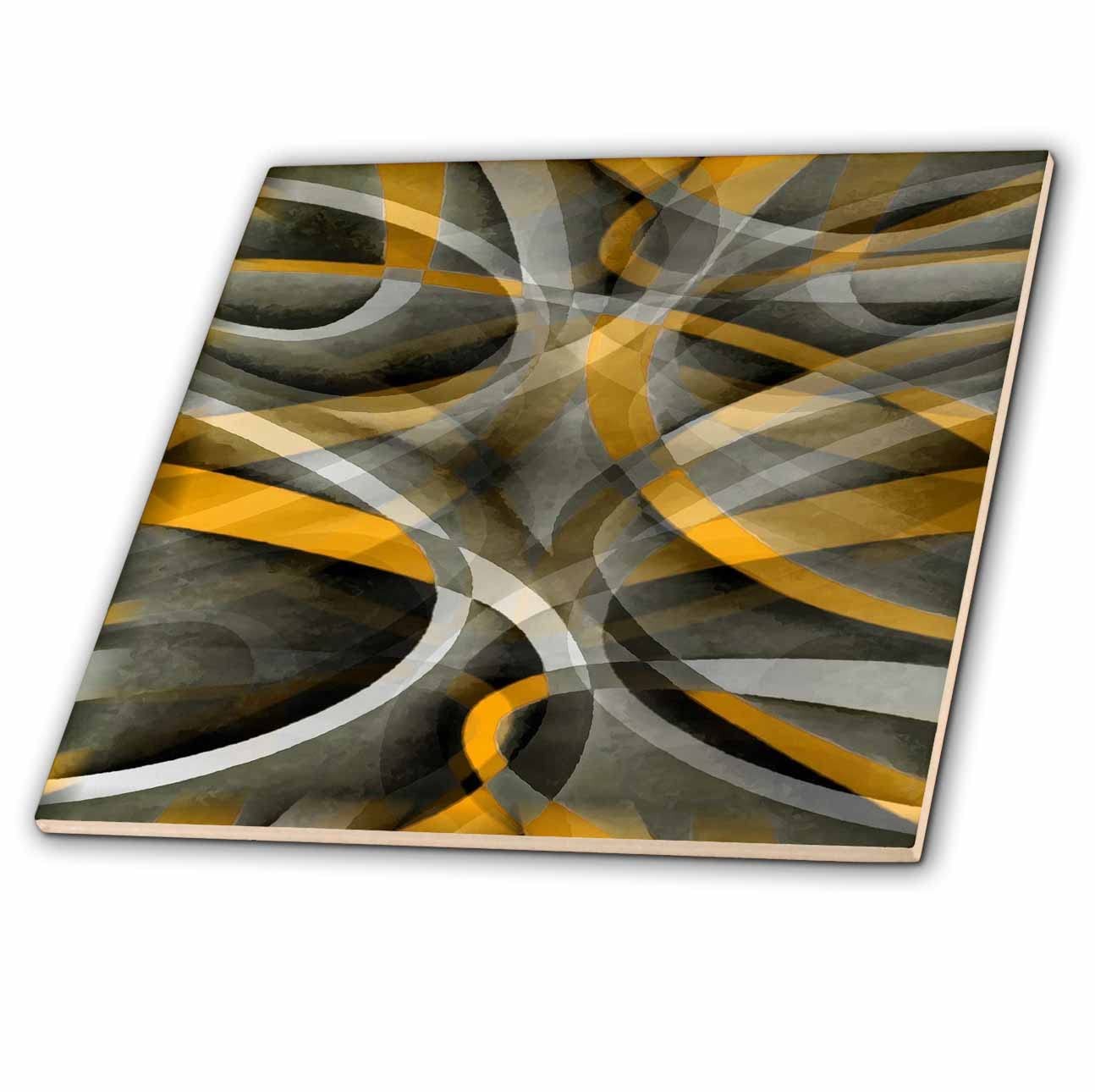 8″ Ceramic Tile 1980s Mustard Yellow Grey Abstract Striped Acrylic Art