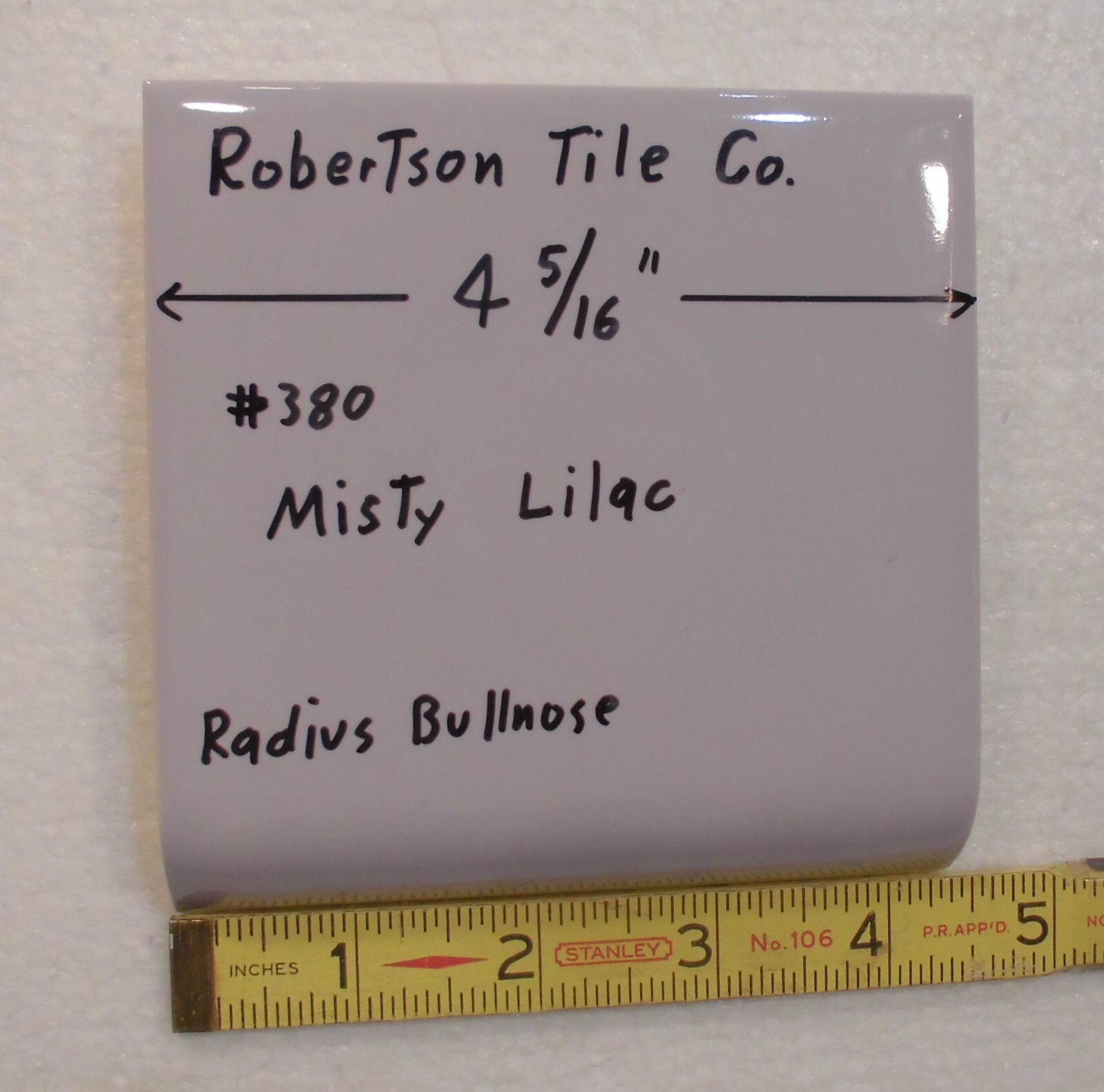 1 pc. Radius Bullnose; Misty Lilac: Glossy Ceramic Tile by Robertson 4-5/16″