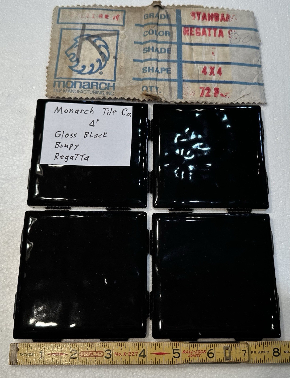 4 Pieces: Dark Rich Gloss Black: 4″ Very Bumpy Ceramic Tile by Monarch Co. NEW