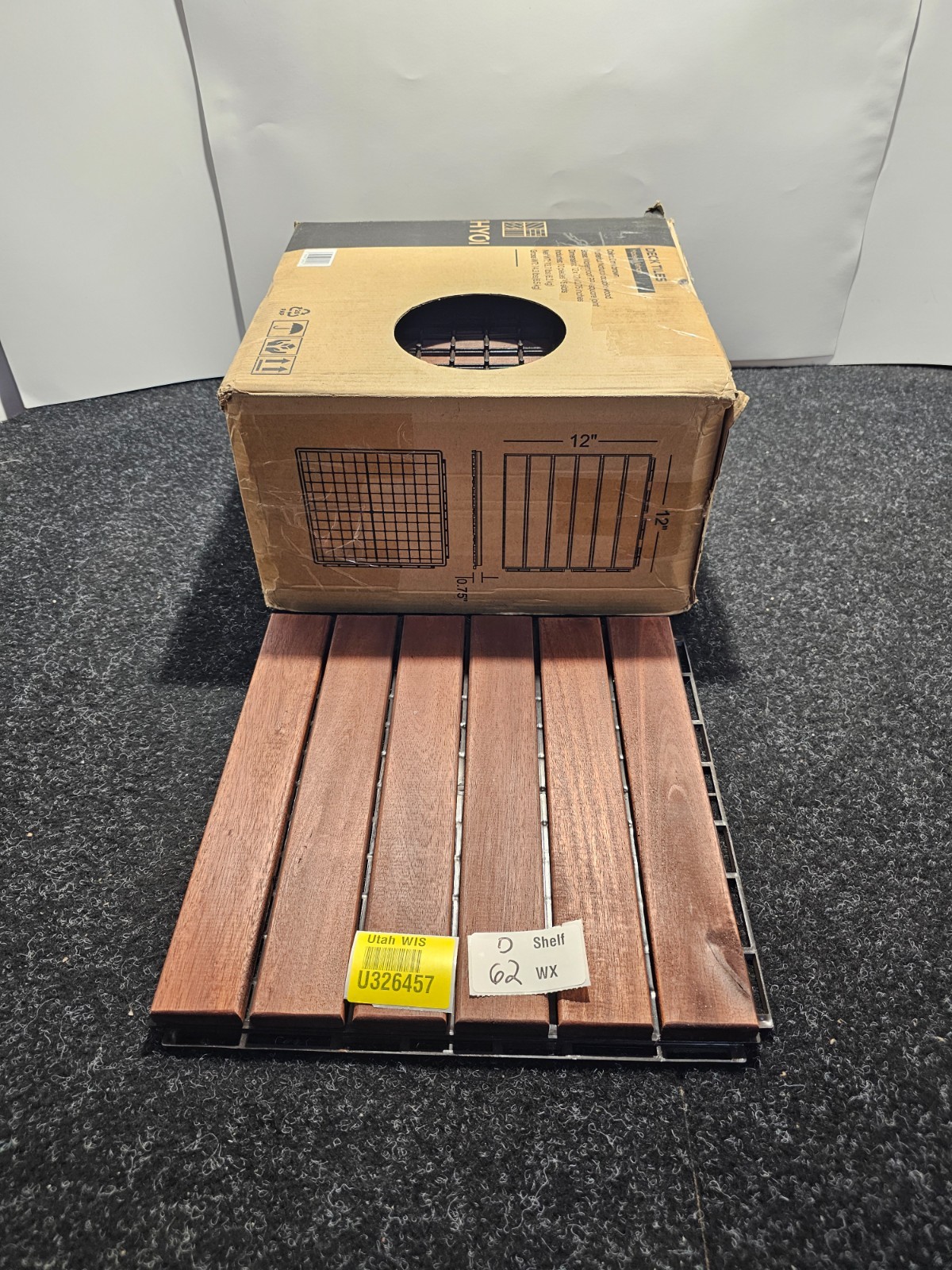 (QTY 10) THYOI 12 x 12 x .075in 6 Slat Deck Tiles Dark Brown Natural Acacia Wood