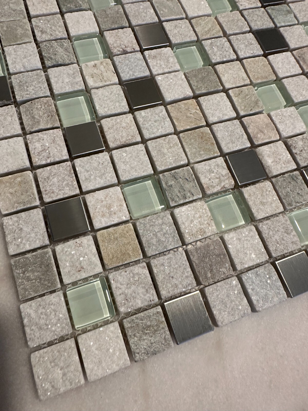 1″x1″ Stone, Metallic, and Glass Mix Mosaic Stacked Meshed Mounted
