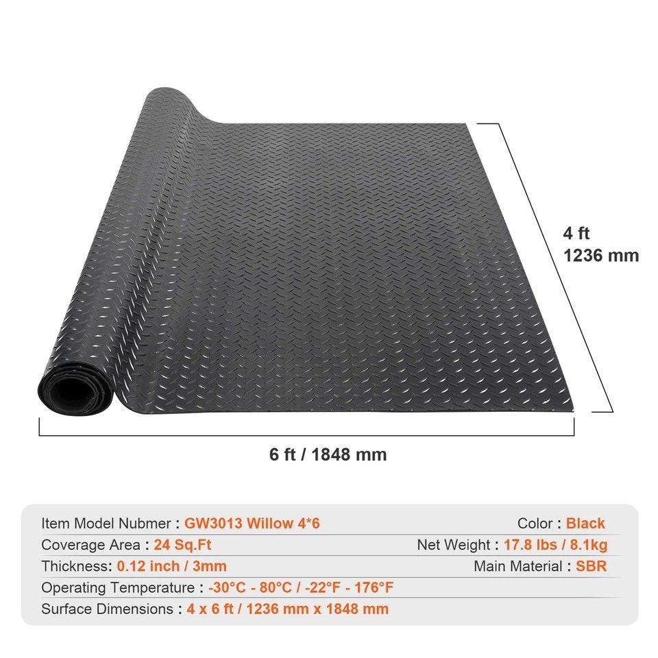 4 x 6 ft Garage Floor Mat Diamond Plate PVC Vinyl Flooring Rolls Non-Slip