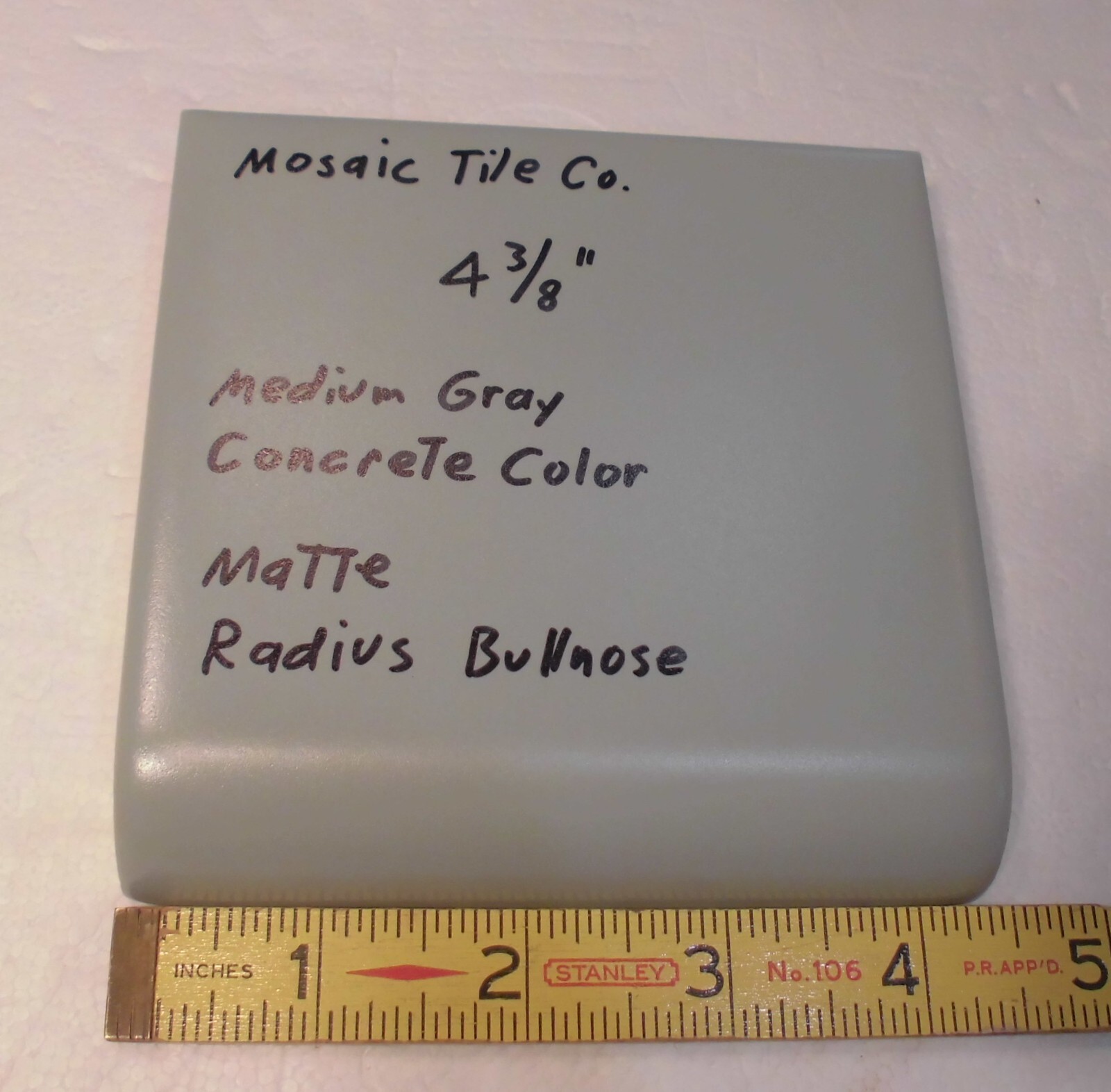 1 pc. Gray-Concrete Color: Matte Radius Bullnose Ceramic Tile 4-3/8″ Mosaic Co.