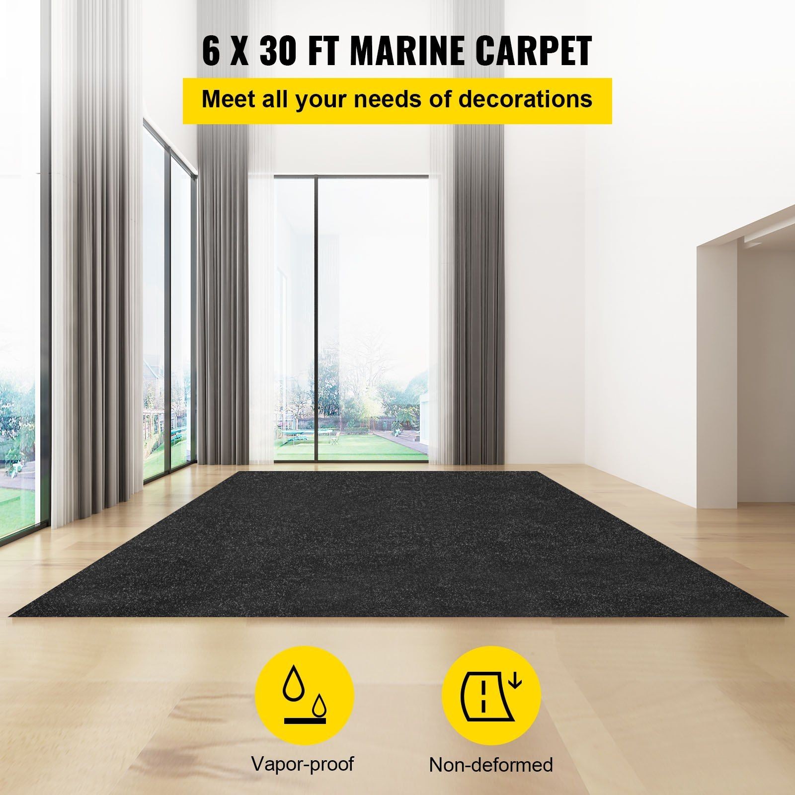 Charcoal Black Waterproof Marine Carpet Roll, 5.9x30ft, 4.6mm Thick