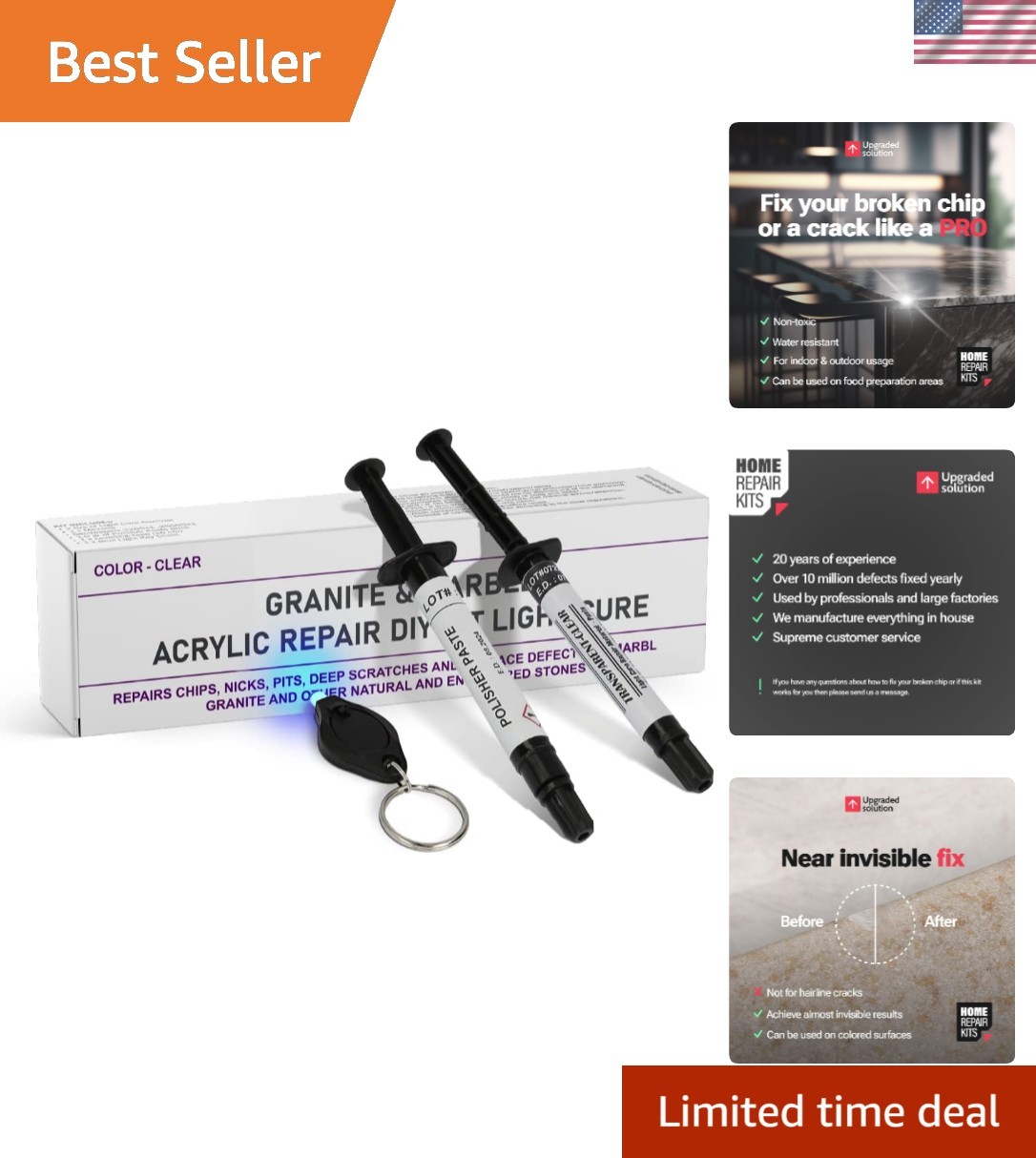 Permanent Granite, Marble & Quartz Repair Kit with Integrated Lighting Unit