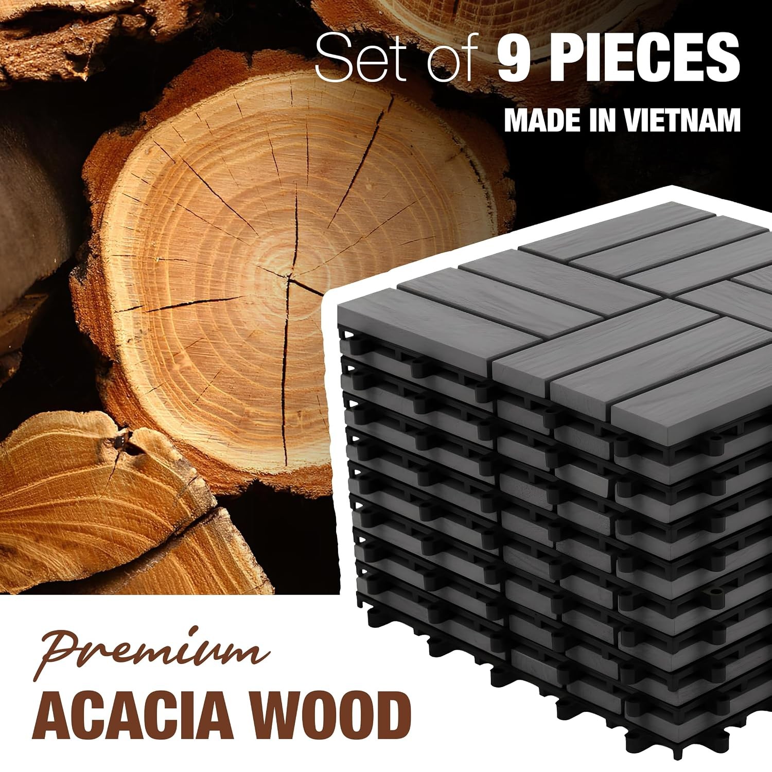 Premium Acacia Wood Interlocking Deck Tiles, 9 PCS 12″x12″x0.9″ Patio Flooring,