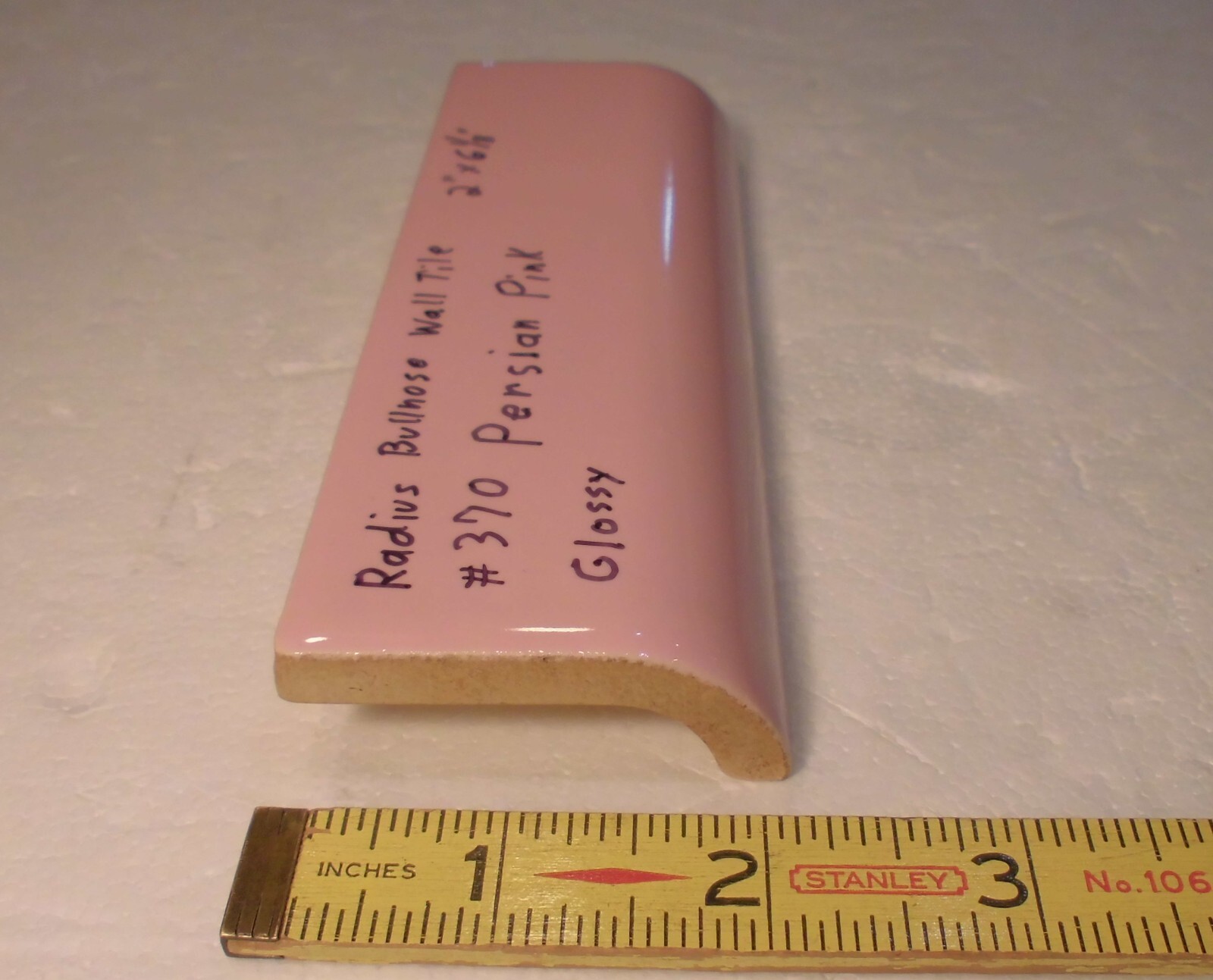 1pc. Persian Pink: Glossy Ceramic Radius Bullnose Tile 2″ X 6-1/8″ New Old Stock