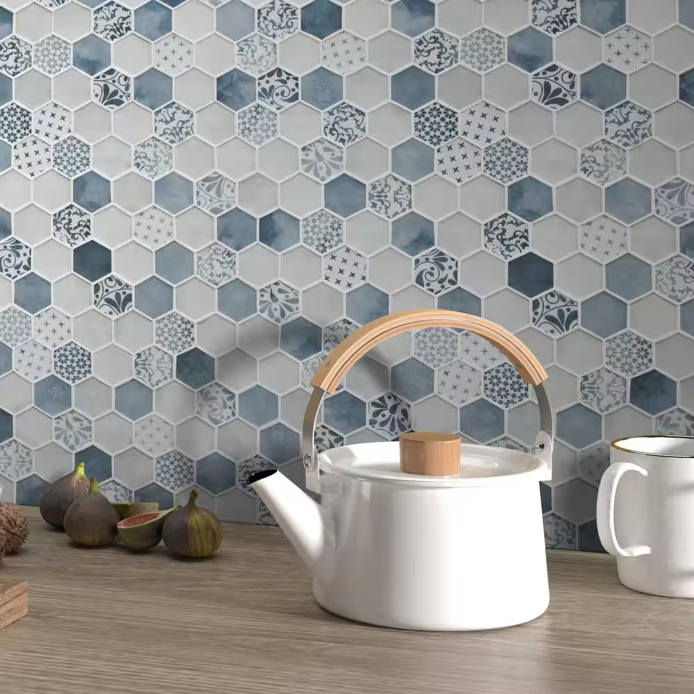 Concrete Blue Hexagon 11.7X10.2In. Mosaic Backsplash. Recycled Glass Cement Look
