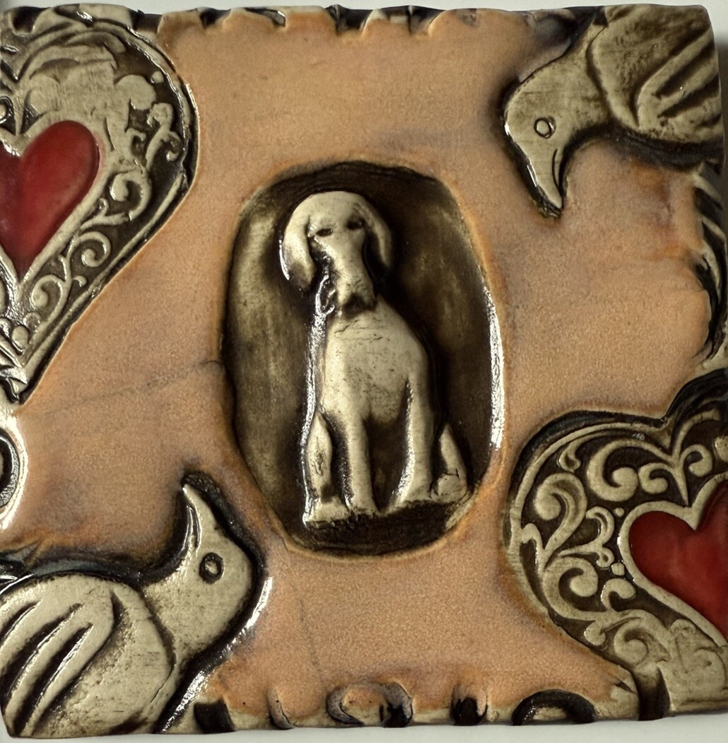Carol Rose Dean Ceramic Art Tile Dog, birds, Heart 2008 Seattle WA 3.5″