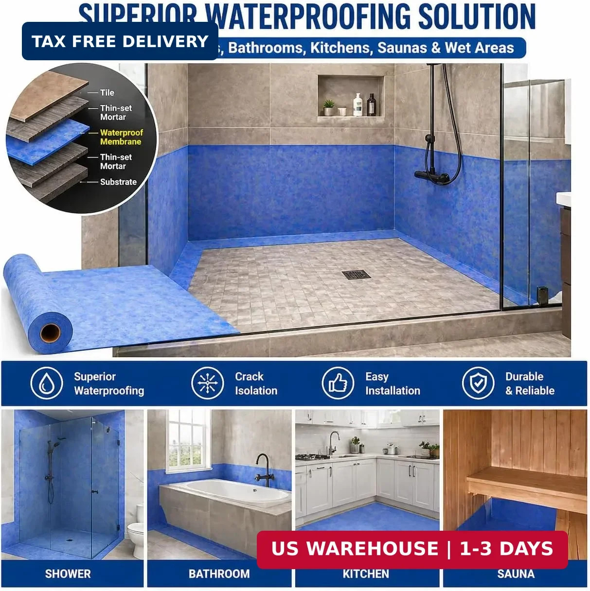 Shower Waterproofing Membrane Roll, 5 in x 50 Ft, 21 Sq Ft, 20 Mil | Blue HDPE r
