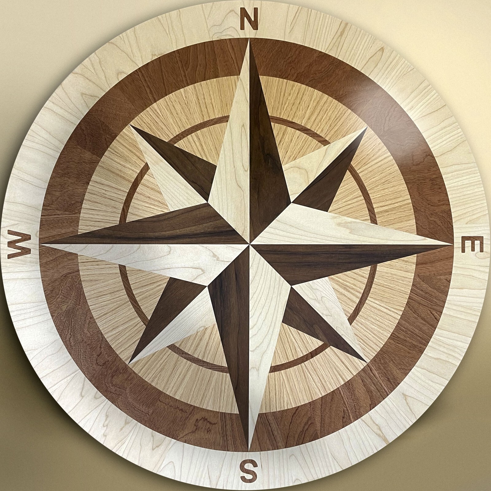 12″ x 3/4″ Wood Compass Floor Inlay – Handmade Decorative Hardwood Medallion