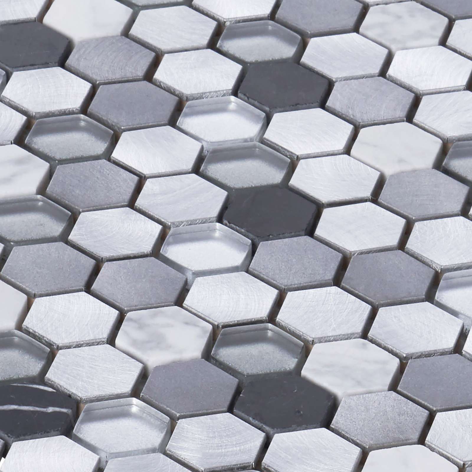 White Calacatta Black Marble Gray Glass Metal 1″ Hexagon Mosaic Tile Backsplash