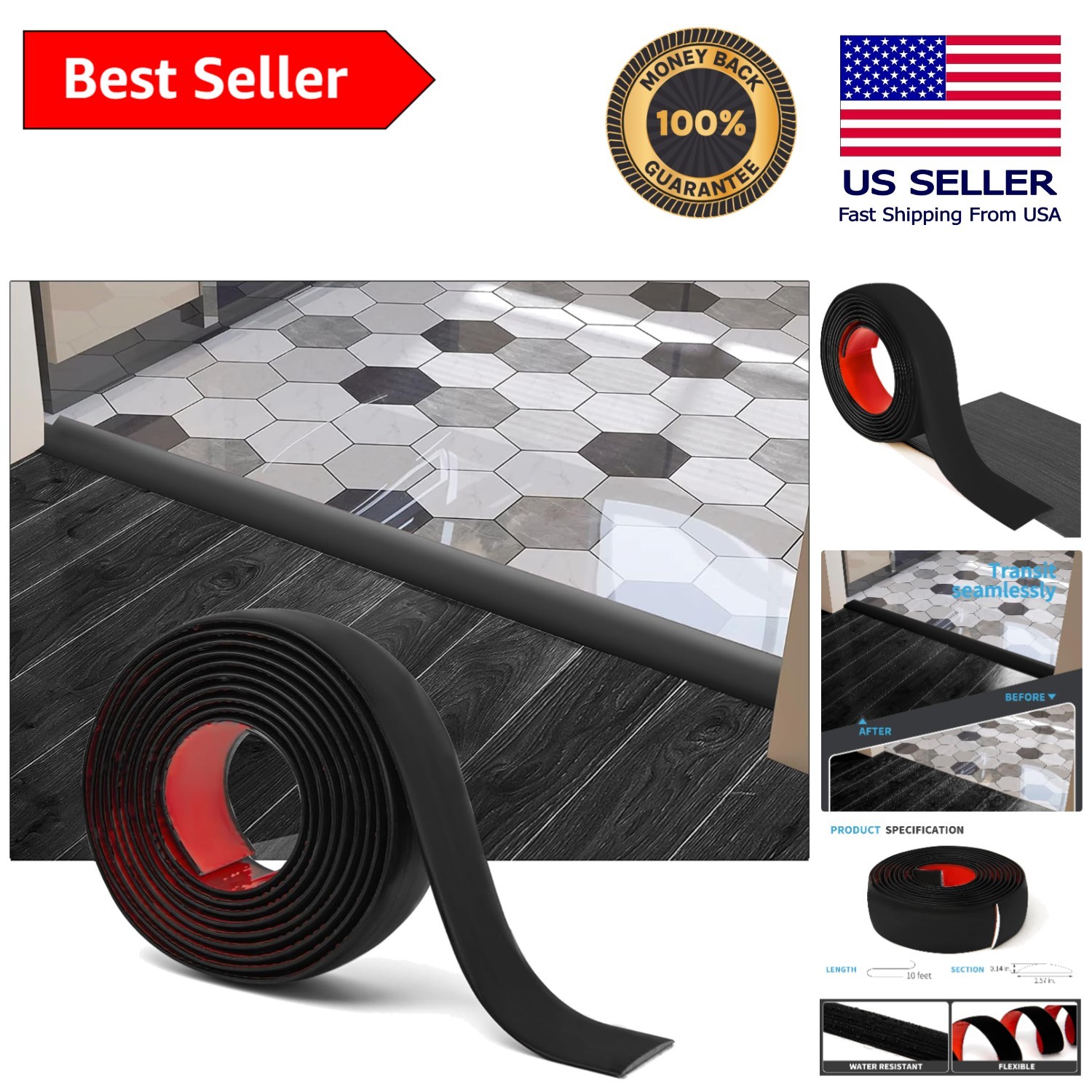 Elegant 10 FT Self-Adhesive Vinyl Floor Transition Strip – Black, 1.57 in Wide