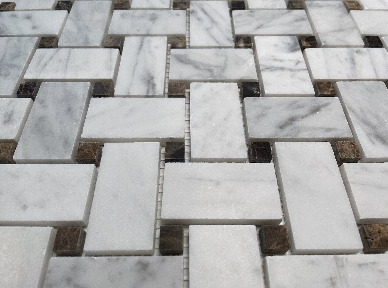 C654XH Carrara Venato Marble 1×2 Basketweave Mosaic Tile Brown Dots Honed