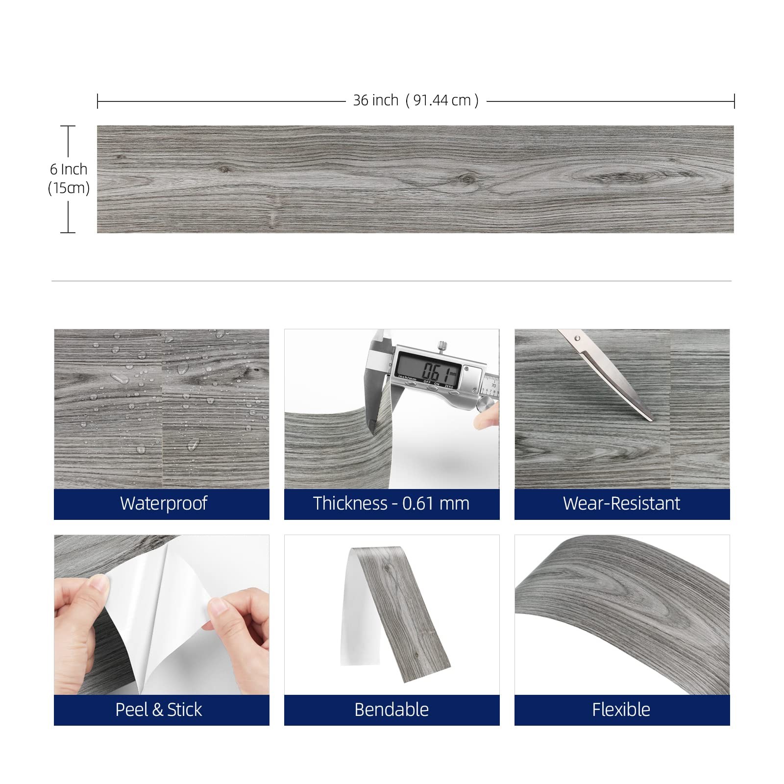 Funstick 6X36 30 Sheets Peel And Stick Floor Tile Waterproof Grey Wood Look