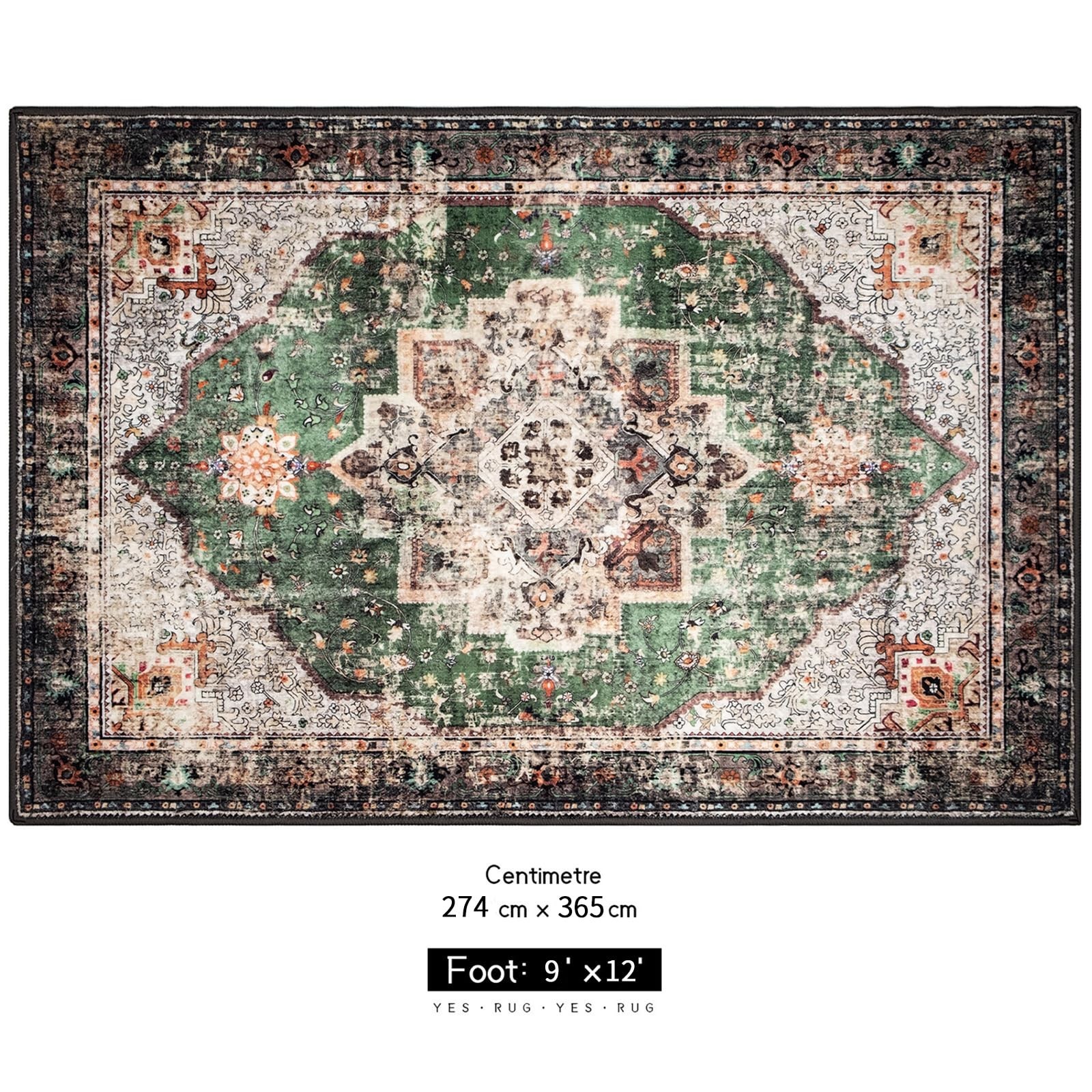 9×12 Area Rugs for Living Room Green Boho Washable Vintage Low Pile Non-Slip …