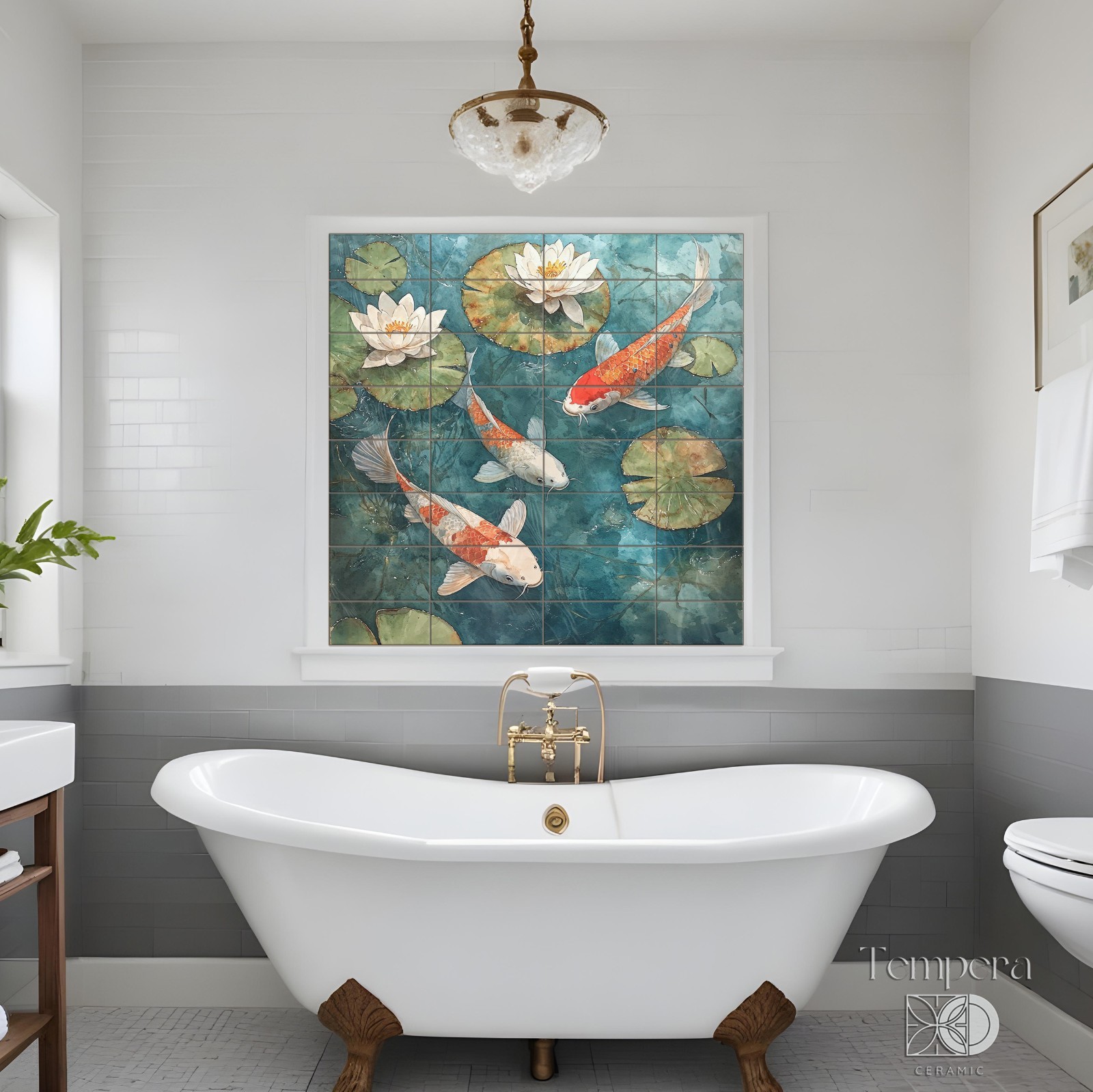 Koi Fish tiles mural, Koi fish pond tiles backsplash, koi on tiles art decor