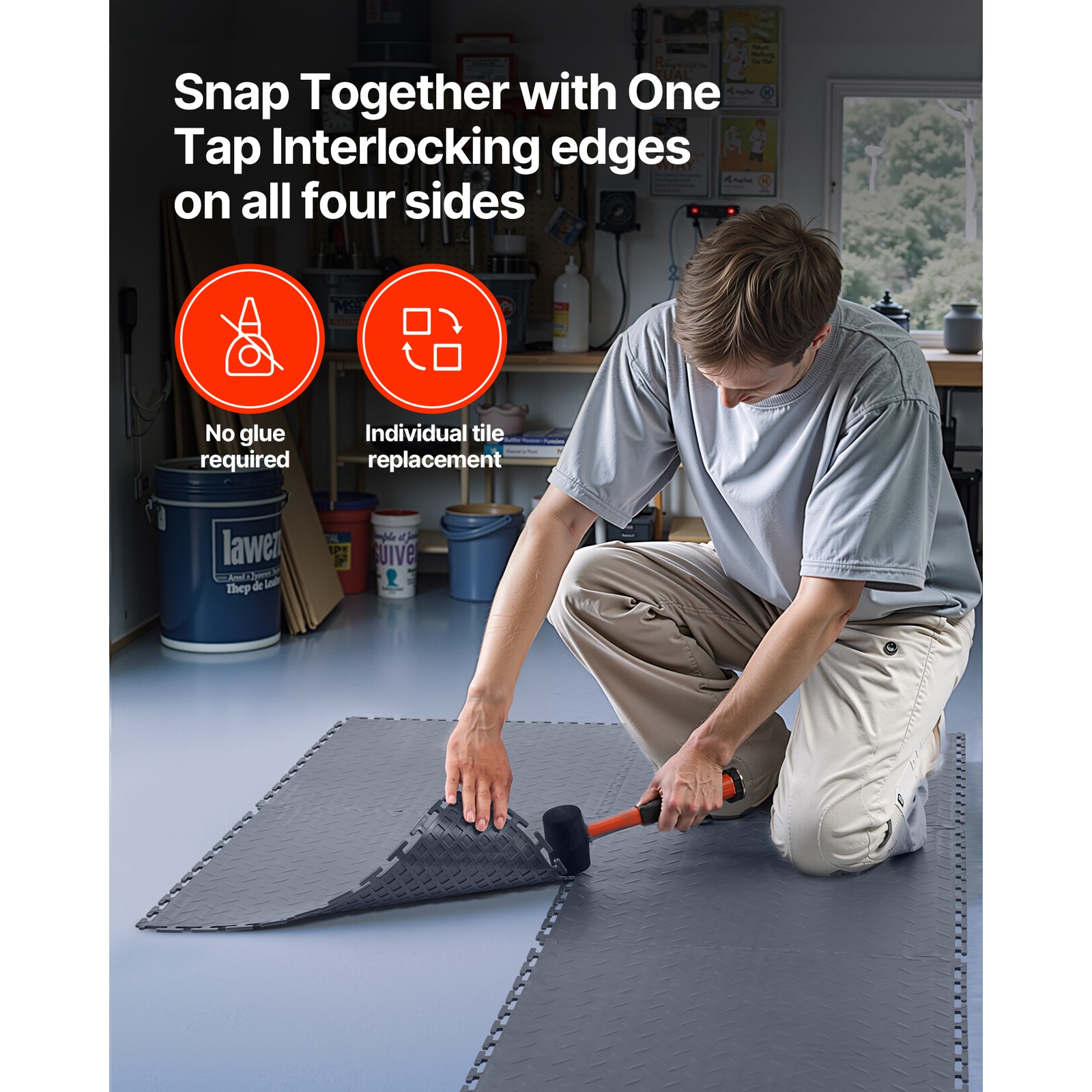 Uimoso Interlocking Garage Floor Tiles, 16 Pack, 20.2×20.2×0.2 in, PVC, Gray