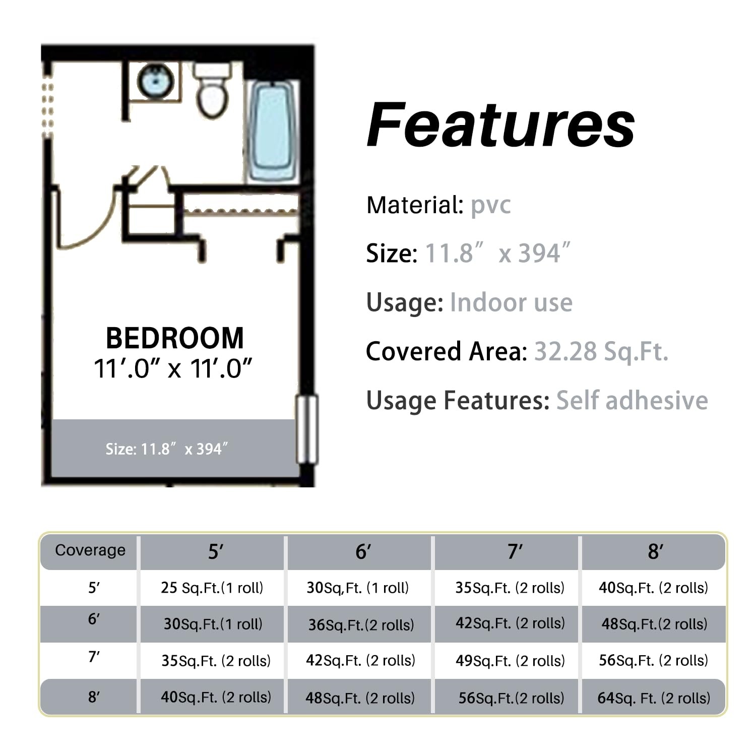 Peel & Stick Floor Tile Vinyl Flooring Roll Wood Grain Waterproof RV 11.8″x394″
