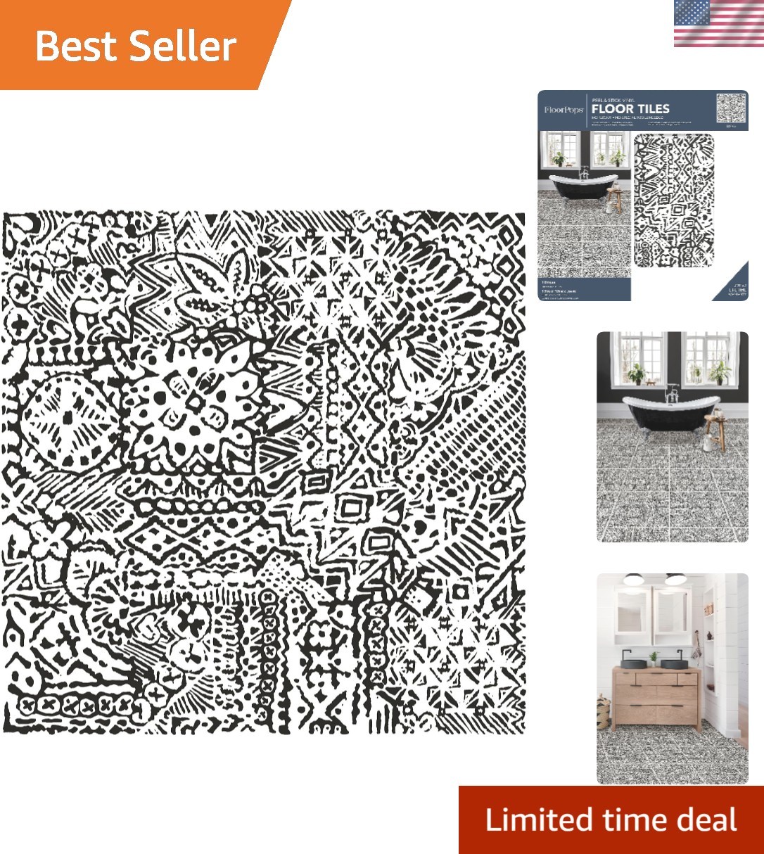 10 Pack Bohemian Floral Peel & Stick Floor Tiles – 12in x 12in Charcoal Design