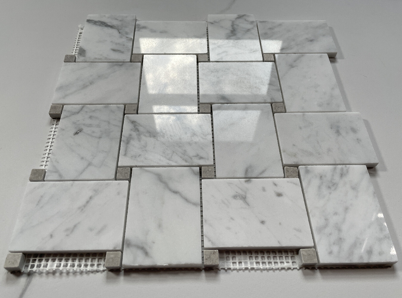 C663XP Wide Basketweave Mosaic White Carrara Marble Tile Gray Dots Polished