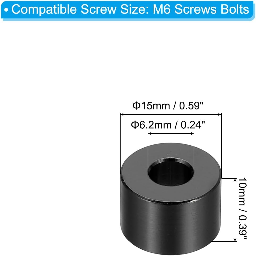 PATIKIL M6 Aluminum Spacers, 6 Pcs Metal 6.2mm ID x 15mm OD x 10mm L, Black