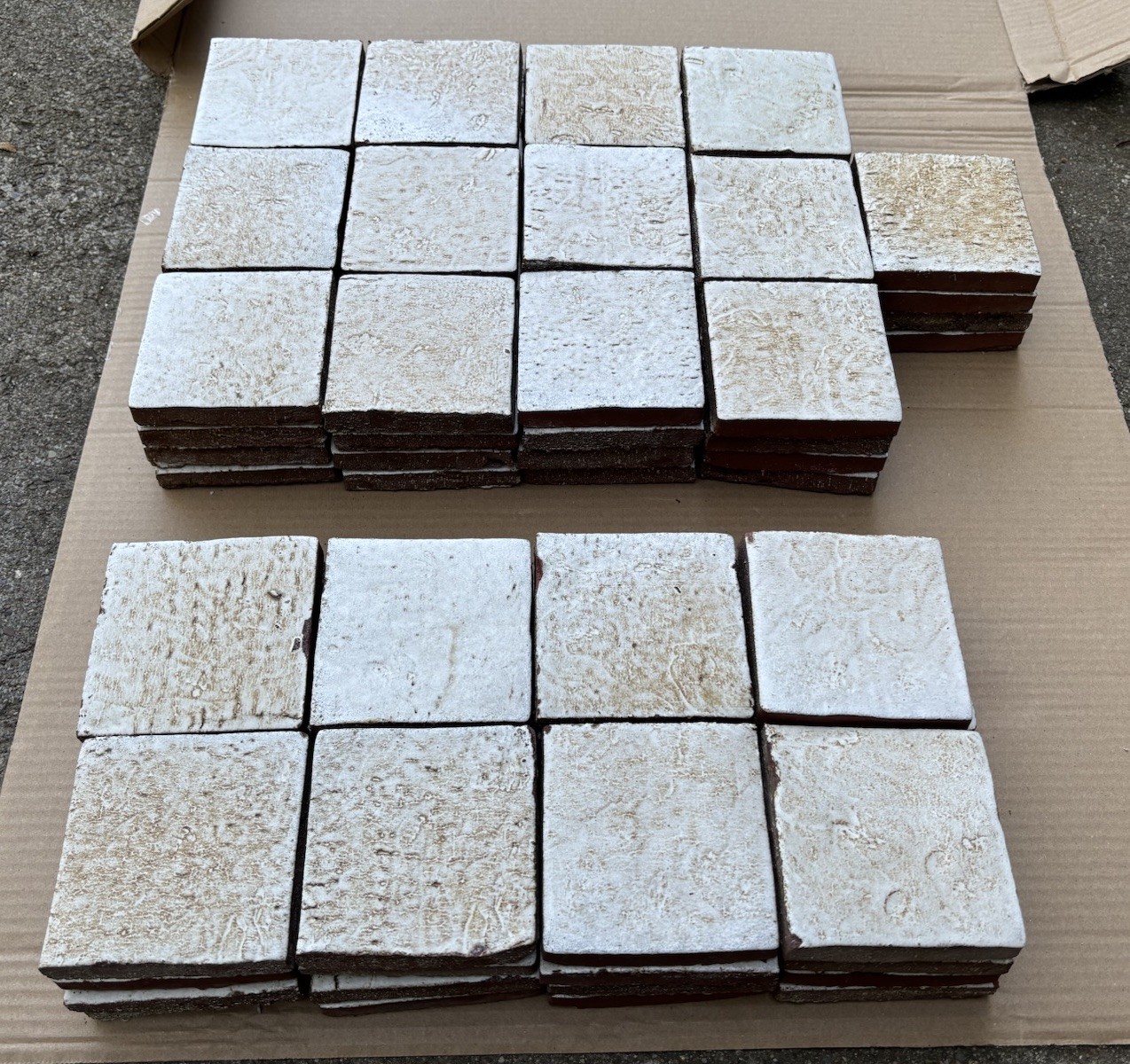 4 Vintage Hand Made Mottled Glazed Field Tile THICK 3 7/8″sq Set of 4 NOS #A