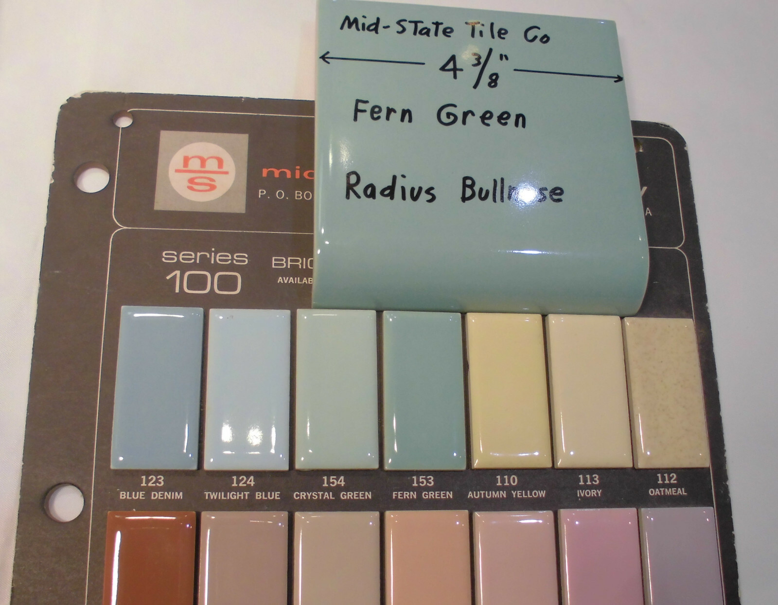 1: Fern Green Radius Bullnose Ceramic Tile 4-3/8″ by Mid-State: Glossy Mudd Cap