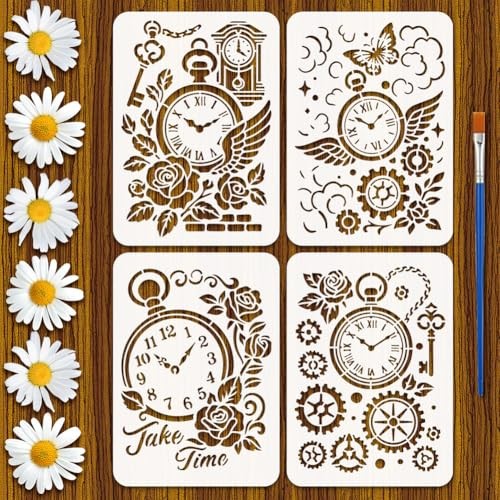 4Styles Vintage Gears Clocks Stencils with a Brush Creative Gears Clocks