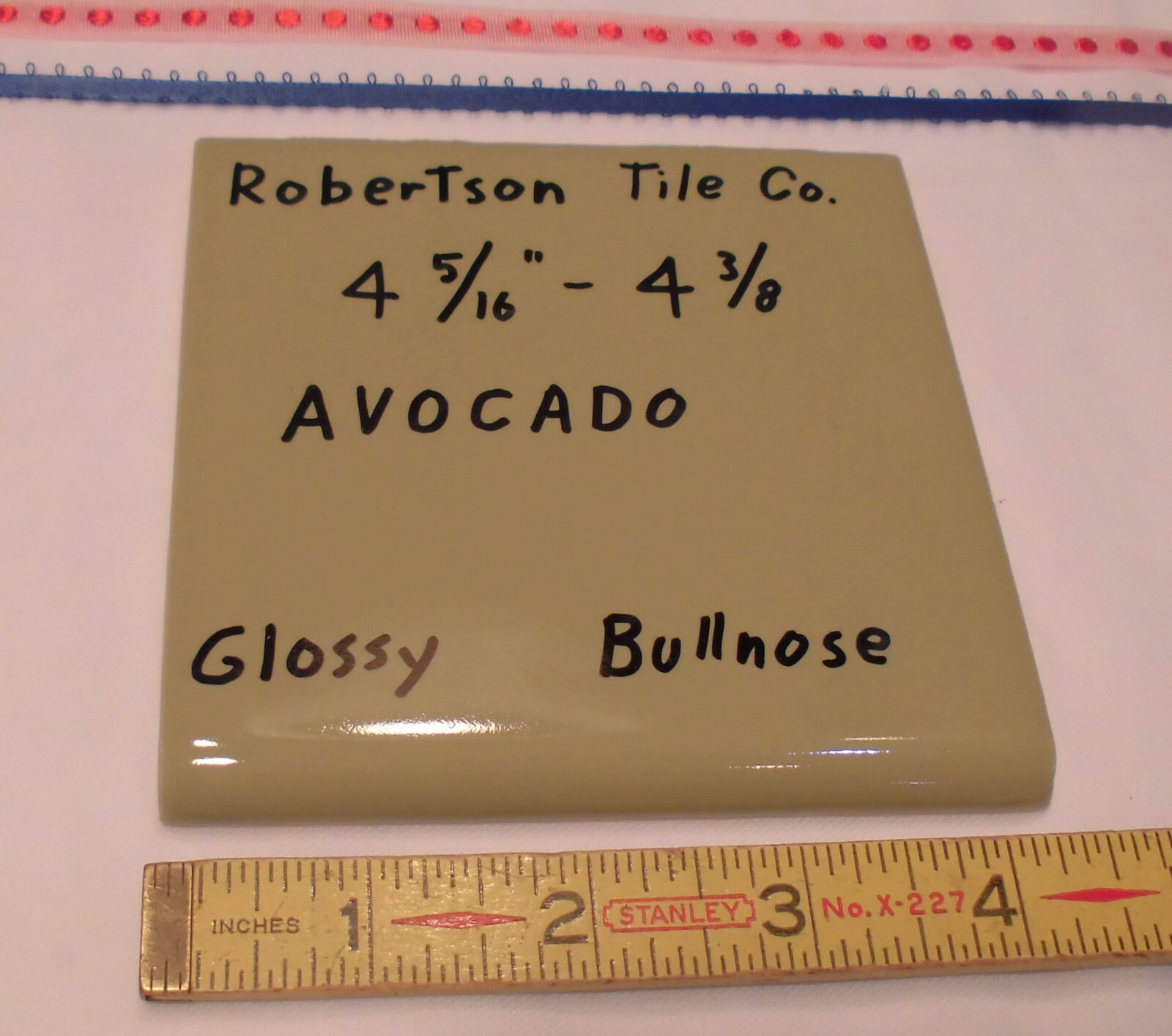 1 pc. *Avocado – Green* Vintage Glossy Ceramic Bullnose Tile 4-5/16” Robertson