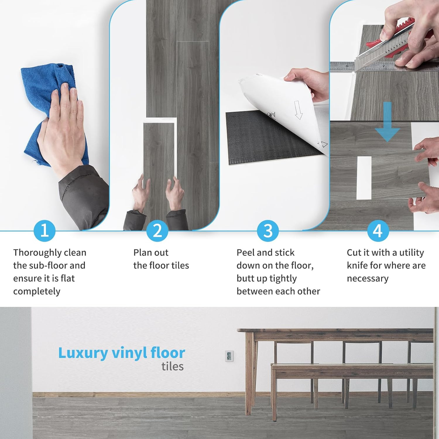 Peel and Stick Floor Tile Vinyl Wood Plank 36-Pack 54 Sq.Ft, Light Grey, Rigid S