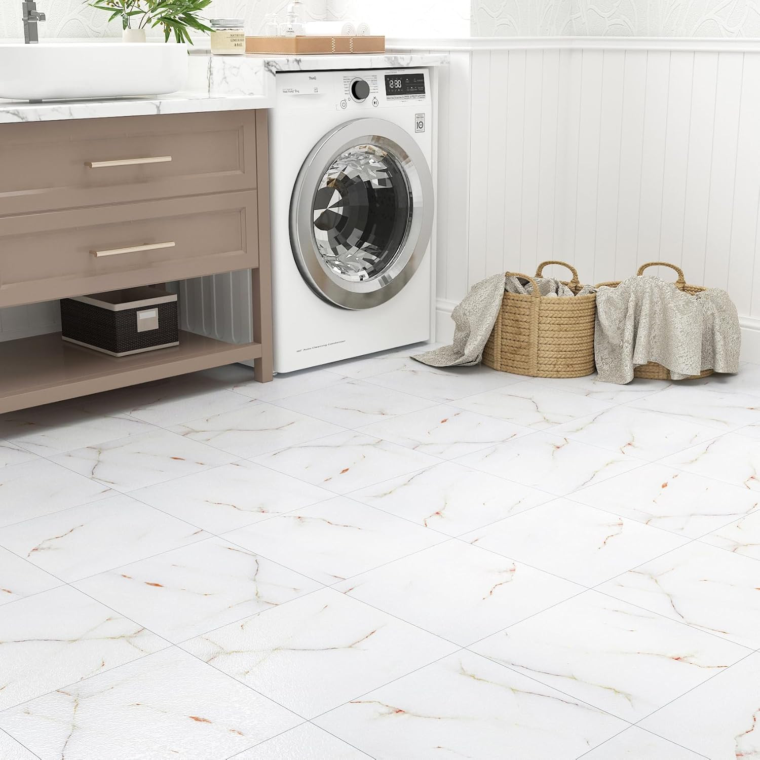30 Pcs Peel and Stick Marble Look Vinyl Floor Tiles for Kitchen & Bathroom