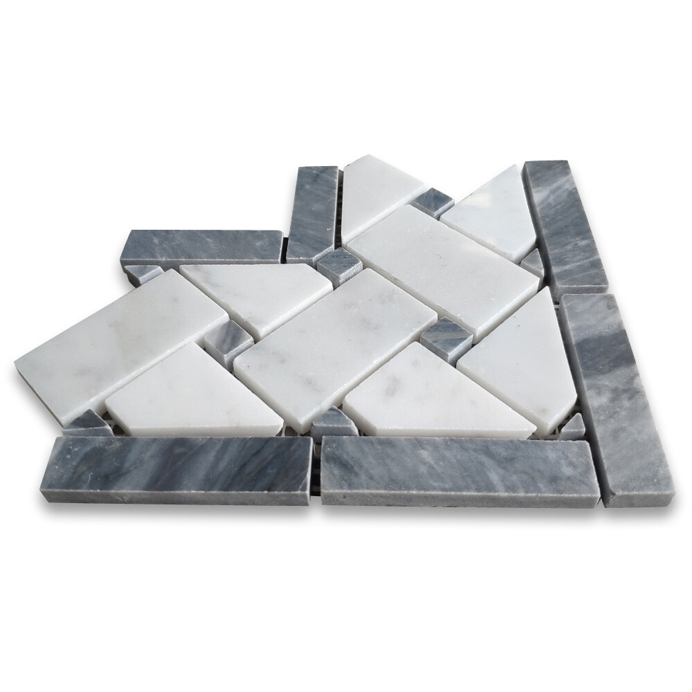 C657CXP Basketweave Mosaic Corner Carrara White Marble Dark Gray Dots Polished