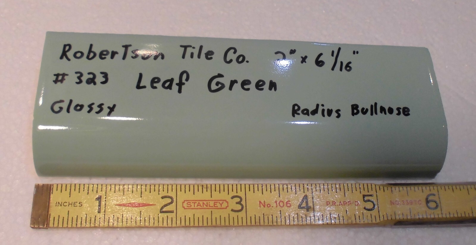 1 pc. Leaf Green: 2″ X 6-1/16″ Glossy Ceramic Radius Bullnose Tile: Mudd Caps,