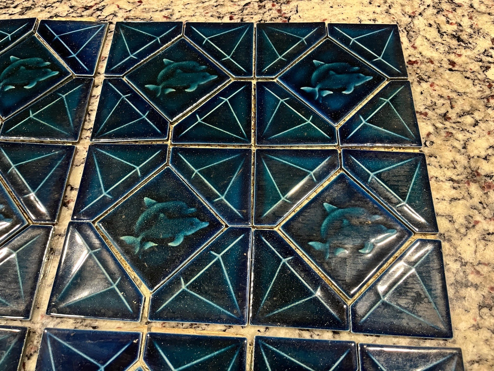 Ceramic Mosiac Tiles Dolphin Ocean Nautical Theme 6 Pcs 12” X 12” New Old Stock