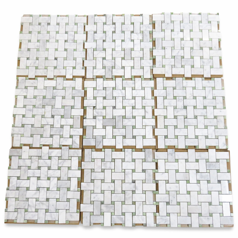 C652XP Carrara Venato Marble 1×2 Basketweave Mosaic Tile Green Dots Polished